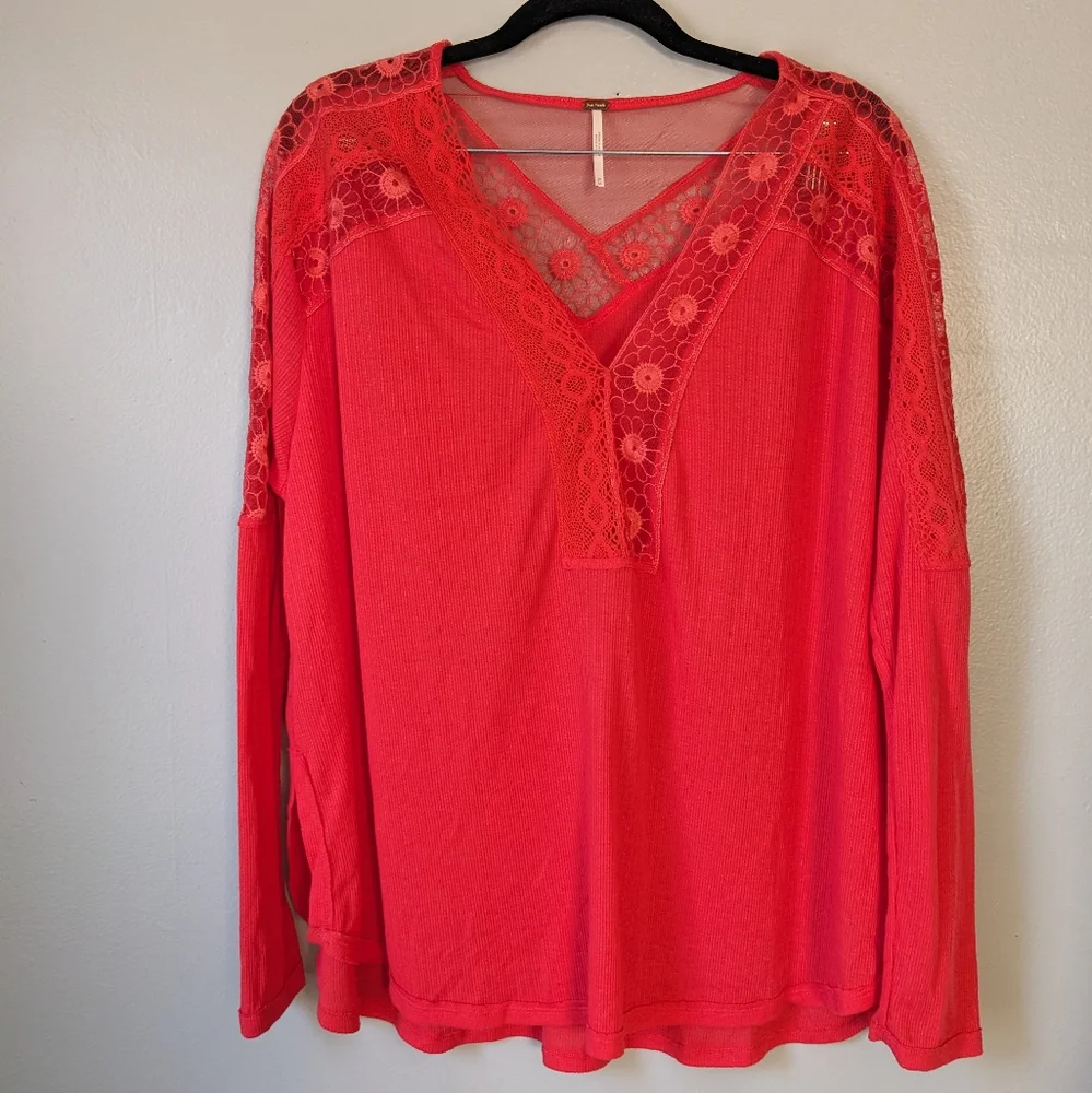 Free People Lola Lace Longsleeve Red Top Women's M